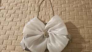 Silver Satin with Rhinestone and Bow Decoration Small Evening Bag